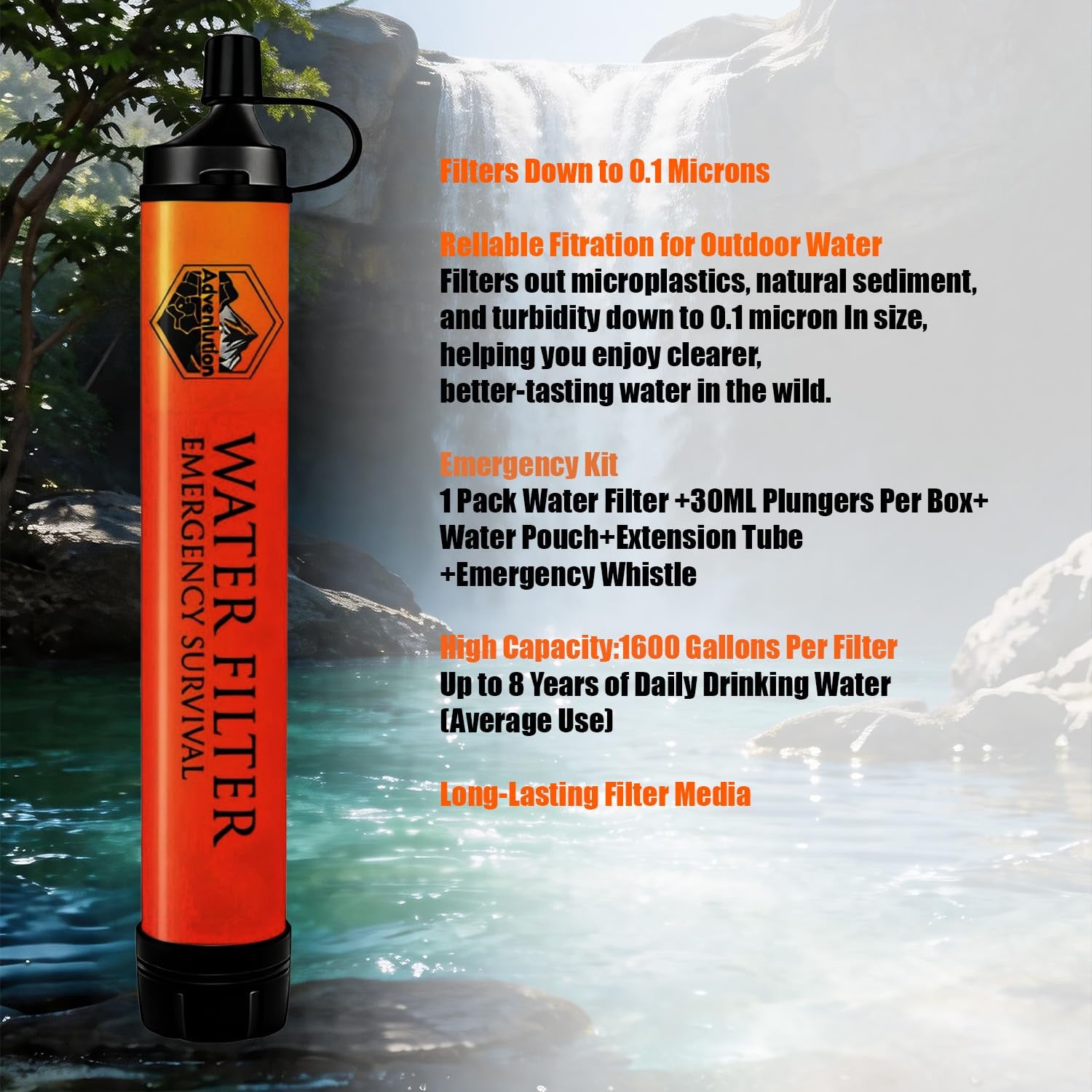 High-Capacity Survival Water Filter Straw Kit with Emergency Whistle, Lightweight Reusable Portable Water Straw for Camping, Hiking, Backpacking & Emergency Preparedness(1 Pack)