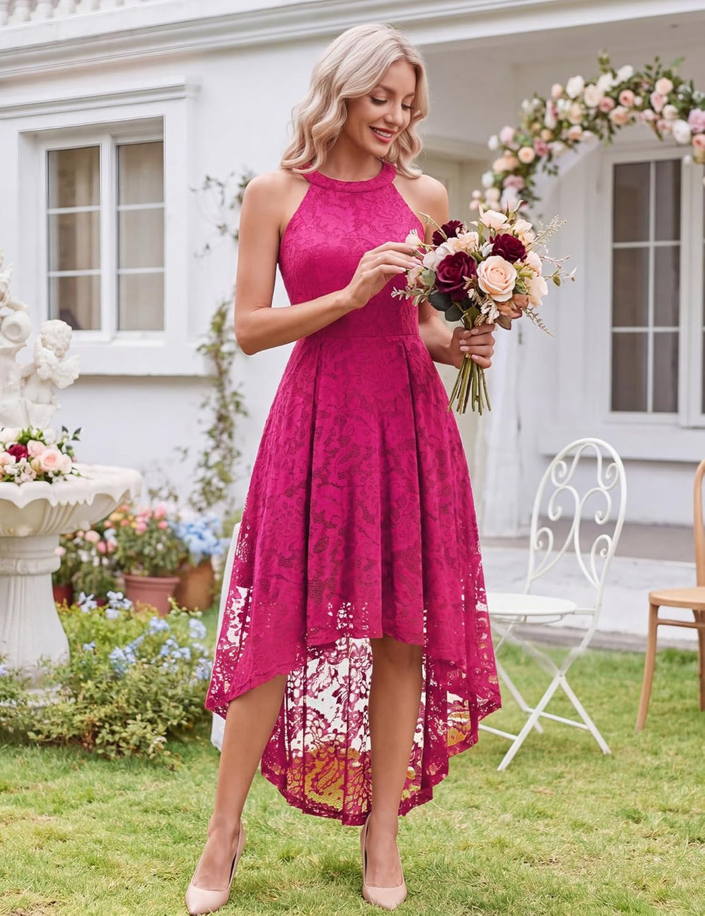 Women Halter Lace Hi Lo Wedding Guest Cocktail Formal Dress | Bridesmaid Wedding Dresses,Sleeveless,Halter Top Neckline,High Low Hem,Elegant a Line Design,Soft Floral Lace Party Dress
