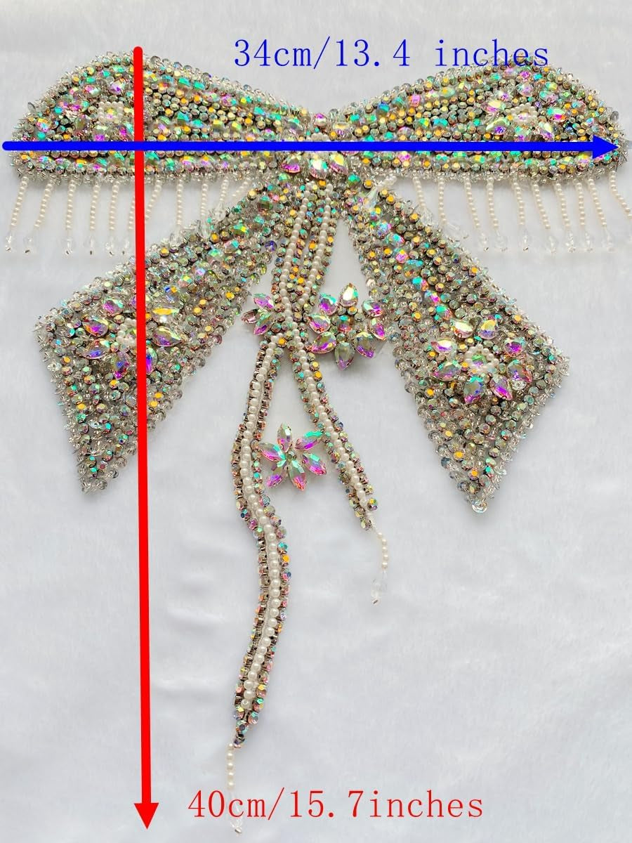 Butterfly Shape Bodysuit Applique Pure Hand-Stitched Beads and Crystal Patches Creative Tassels Shiny Dress Decorative Accessories (Red)