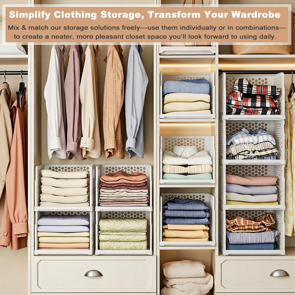 5Pack Upgraded Stackable Pull Out Closet Drawers | Reinforced Plastic, Smooth Sliding Stackable Pull-Out Access, anti Tipping Foldable Storage Containers for Bedroom & Office