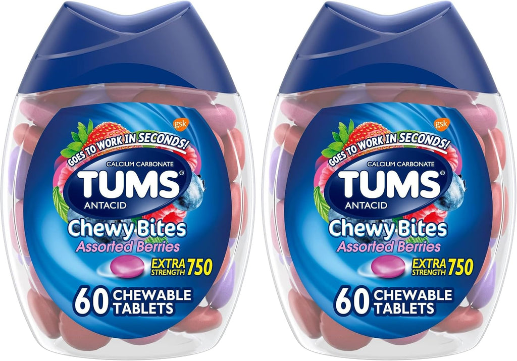 Chewy Bites Antacid Tablets for Chewable Heartburn Relief and Acid Indigestion Relief, Assorted Berries - 60 Count (Pack of 2)