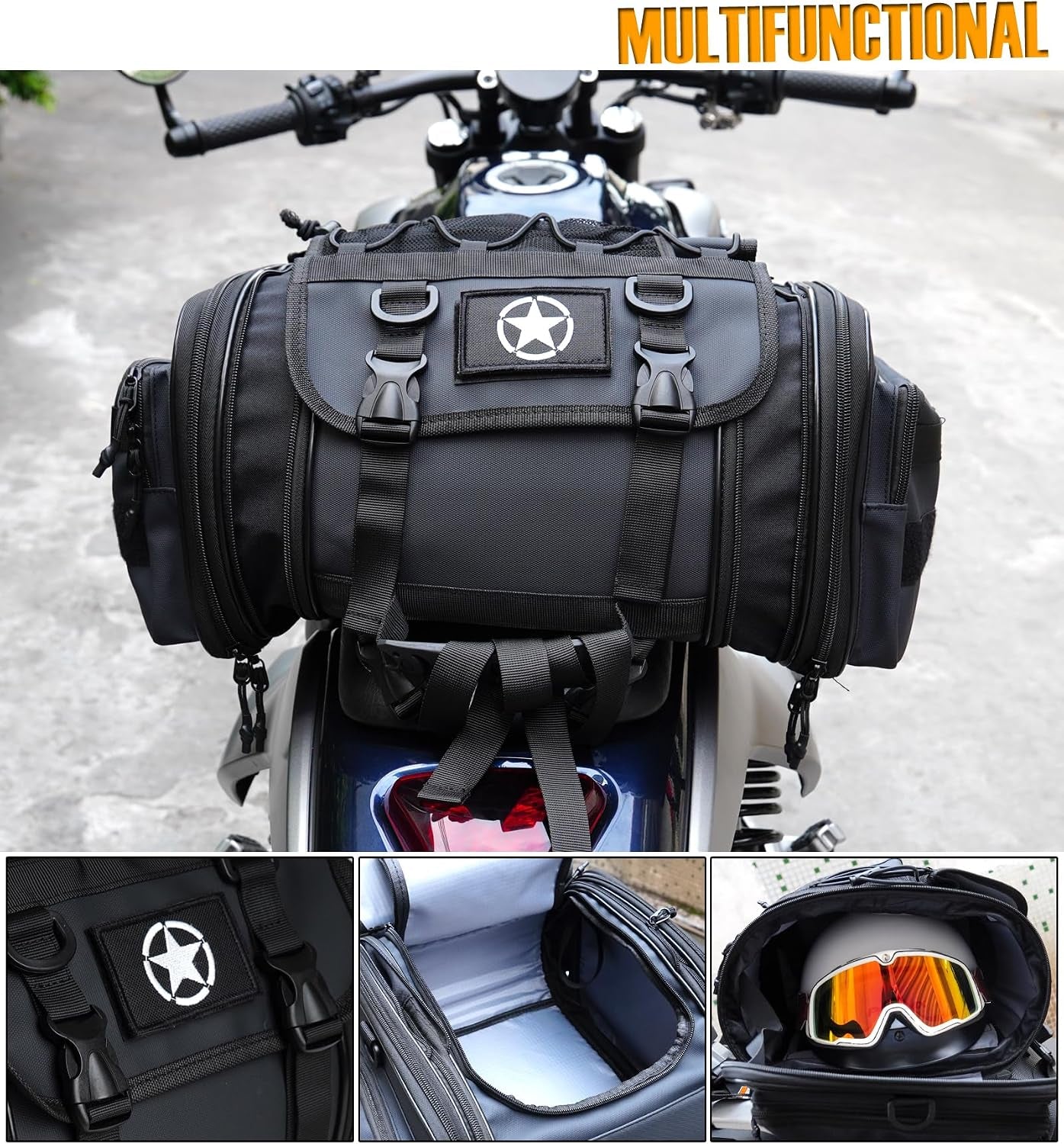 Motorcycle Travel Luggage Bags, Expandable Rear Tail Saddle Bag | 40L Storage Capacity, Helmet Bag, with Straps, Motorbike