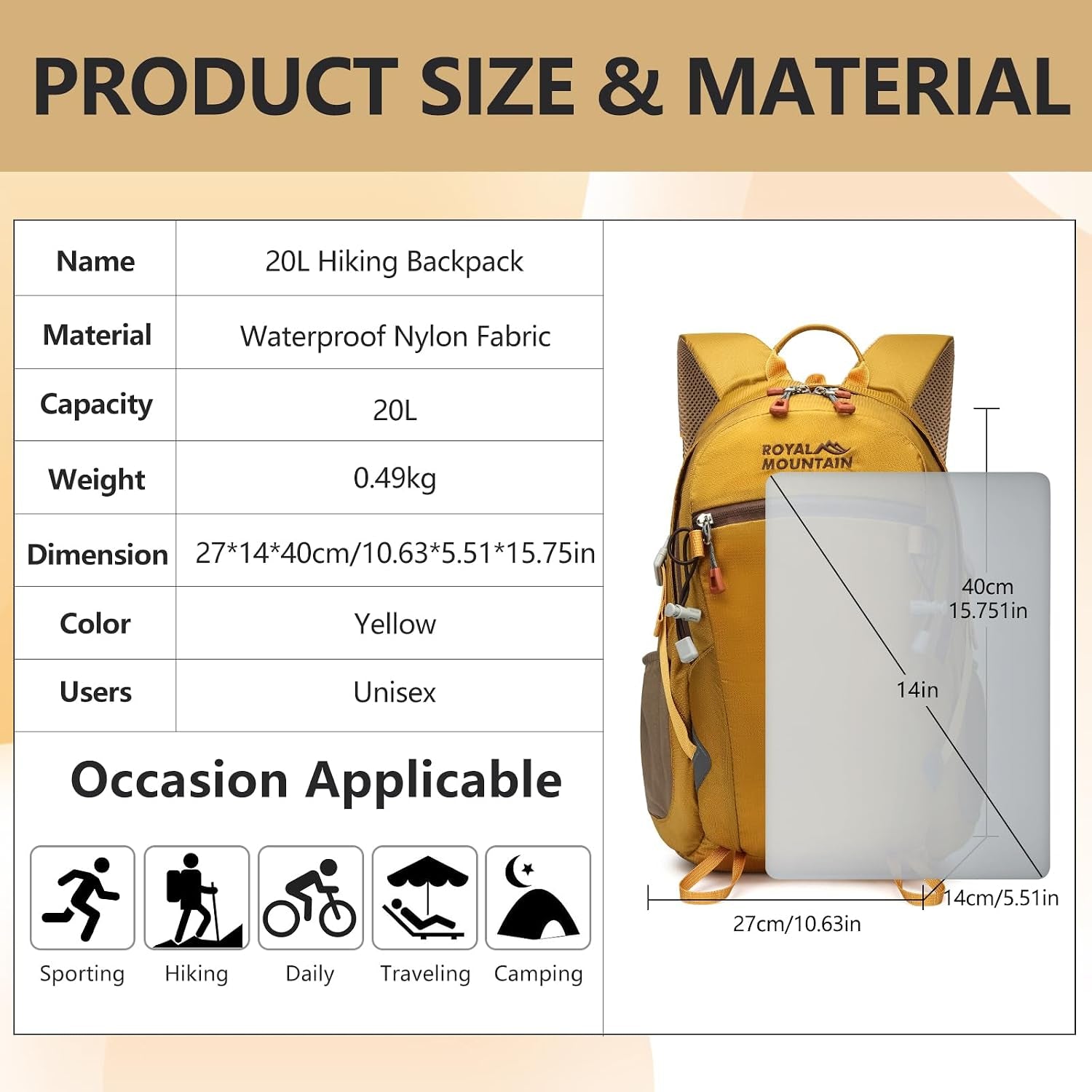 Small Hiking Backpack with Rain-Cover, 20L Travel Backpacks for Women Men, Camping Daypack Backpacks Lightweight, Durable Hiking Backpack Fit for Camping, Daily Commuting, Short Trips (Yellow)