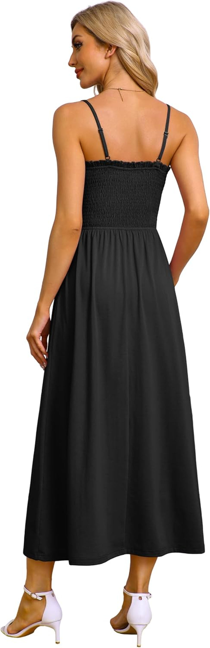 Womens Spaghetti Strap Maxi Dresses Smocked with Pockets 2026 Summer Spring Casual Boho Beach Long Sundresses