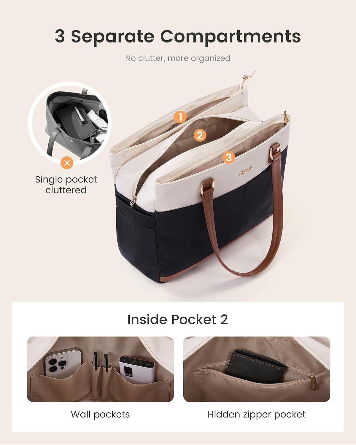 Laptop Tote Bag for Women with 3 Separate Pocket Work Bag with Large Cup Holder Computer Briefcase for Teacher Nurse