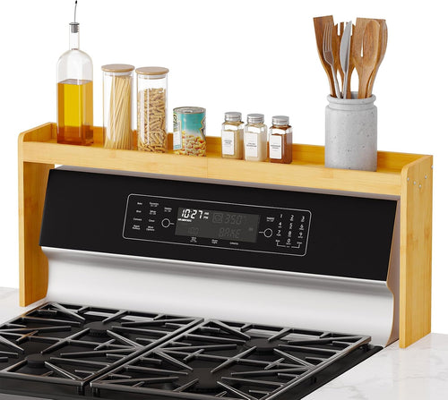 Bamboo over the Stove Spice Holder Shelf, 31.5" Kitchen Organizer Stove Spice Top Rack, 11.6" Height Countertop Storage, over Oven Back Sink Organization Shelf, Natural