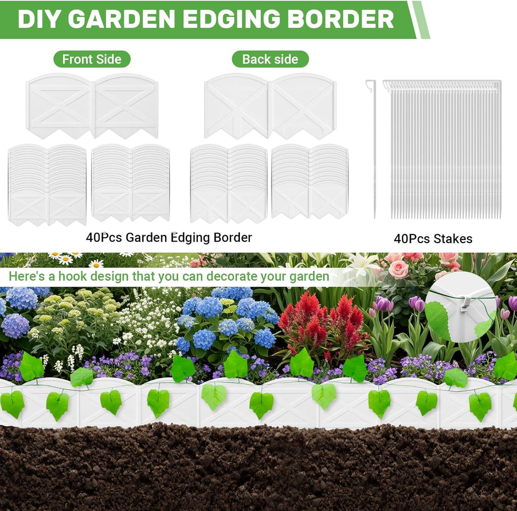 40Ft Edging for Landscaping 6 Inch Tall Garden Edging with 40Pcs Anchoring Stakes, 40Pcs White Garden Edging Border Landscape Edging Flower Bed Edging Borders
