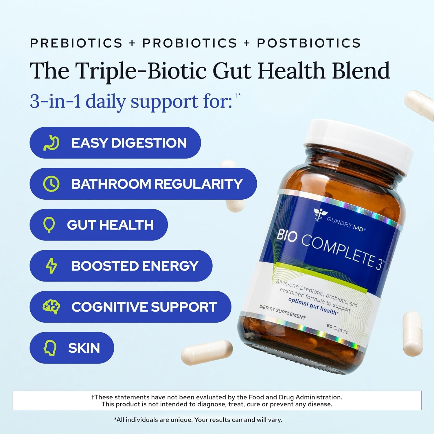® Bio Complete 3, 3-In-1 Probiotics for Gut Health, Probiotic Supplements for Digestion, Supplement Supporting Bloating, Gas, Food Cravings, Energy Levels, Skin, and Focus, 30 Day Supply