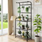 Plant Stands Outdoor with Hooks, Metal Tall Plant Shelves Indoor for Hanging Planter, Black