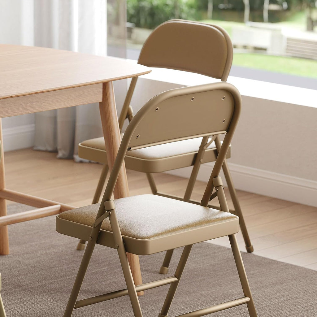 Folding Chairs with Padded Vinyl Cushion Chairs with Comfortable Cushion and Durable Steel Frame for Home and Office, for Indoor and Outdoor Events (Kahki, Vinyl, 4 Pack)