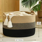 Large Blanket Basket (20"X13"),Woven Rope Baskets for Storage Baby Laundry Hamper, Cotton Rope Blanket Basket for Living Room, Laundry, Nursery, Pillows,Baby Toy Chest (Jute/Black)
