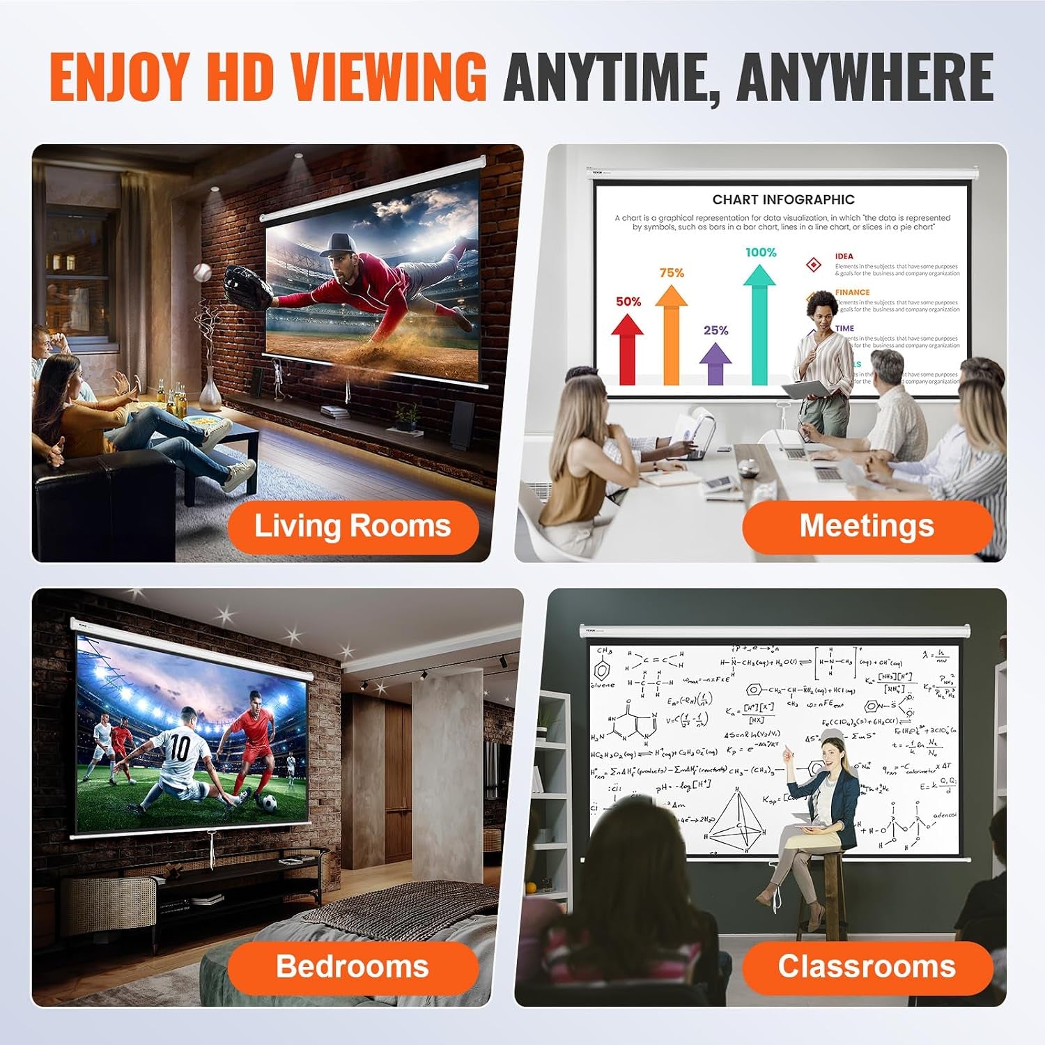 Projector Screen, 100 Inch Manual Pull down Projector Screen, 16:9 4K 1080 HD Projector Screen, Auto-Locking Portable Projection Screen, Projector Screen for Family Home Office Theater