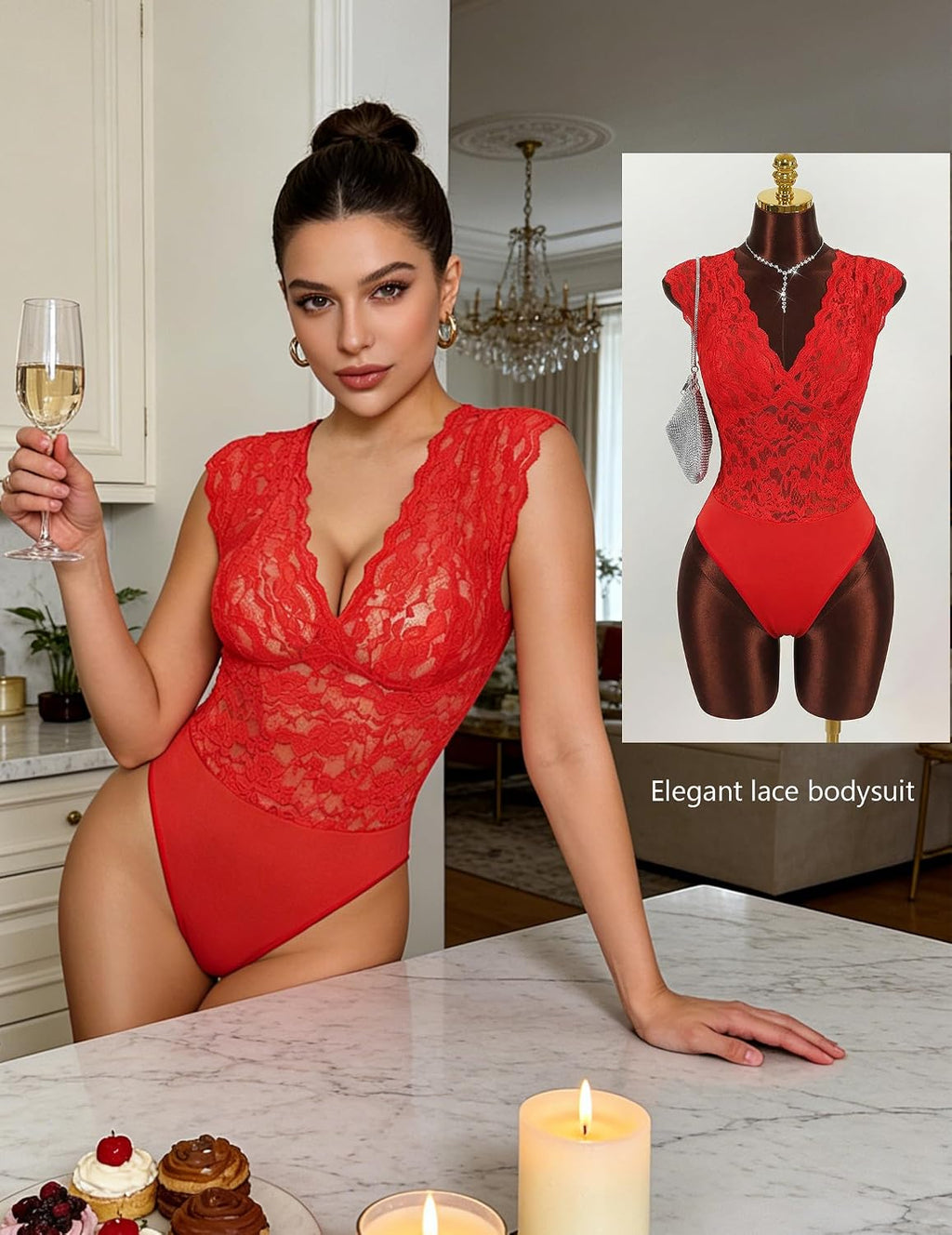 Lace Bodysuits for Women Sexy V Neck Sheer Bodysuit Tops Snap Crotch One Piece Teddy