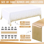 8 Pack White and Gold Disposable Plastic Tablecloths and Satin Table Runner Set, 54 X 108 Inch Tablecloth, 12 X 108 Inch Table Runners for Wedding First Communion Baby Shower Graduation