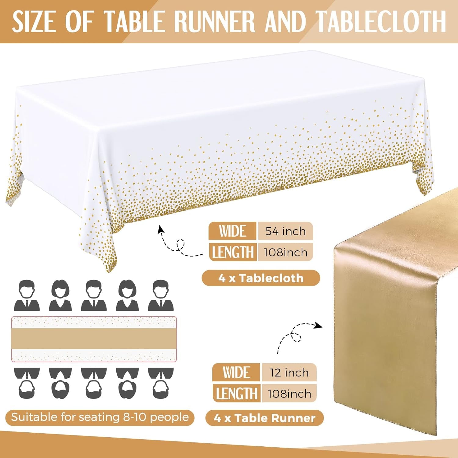 8 Pack White and Gold Disposable Plastic Tablecloths and Satin Table Runner Set, 54 X 108 Inch Tablecloth, 12 X 108 Inch Table Runners for Wedding First Communion Baby Shower Graduation