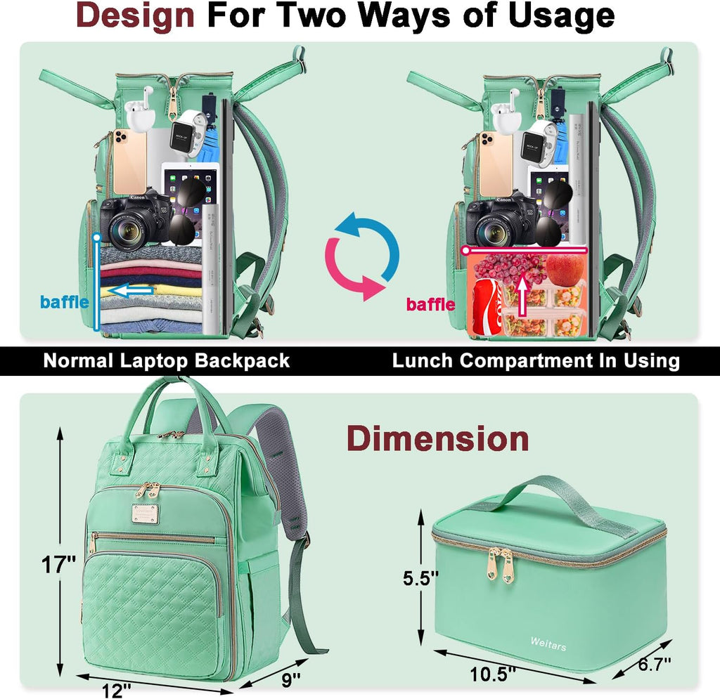 Lunch Backpack for Women,15.6 Inch Laptop Backpacks for Womens Back Pack, Travel Backpacks,Work Backpack for Women (Lightgreen)