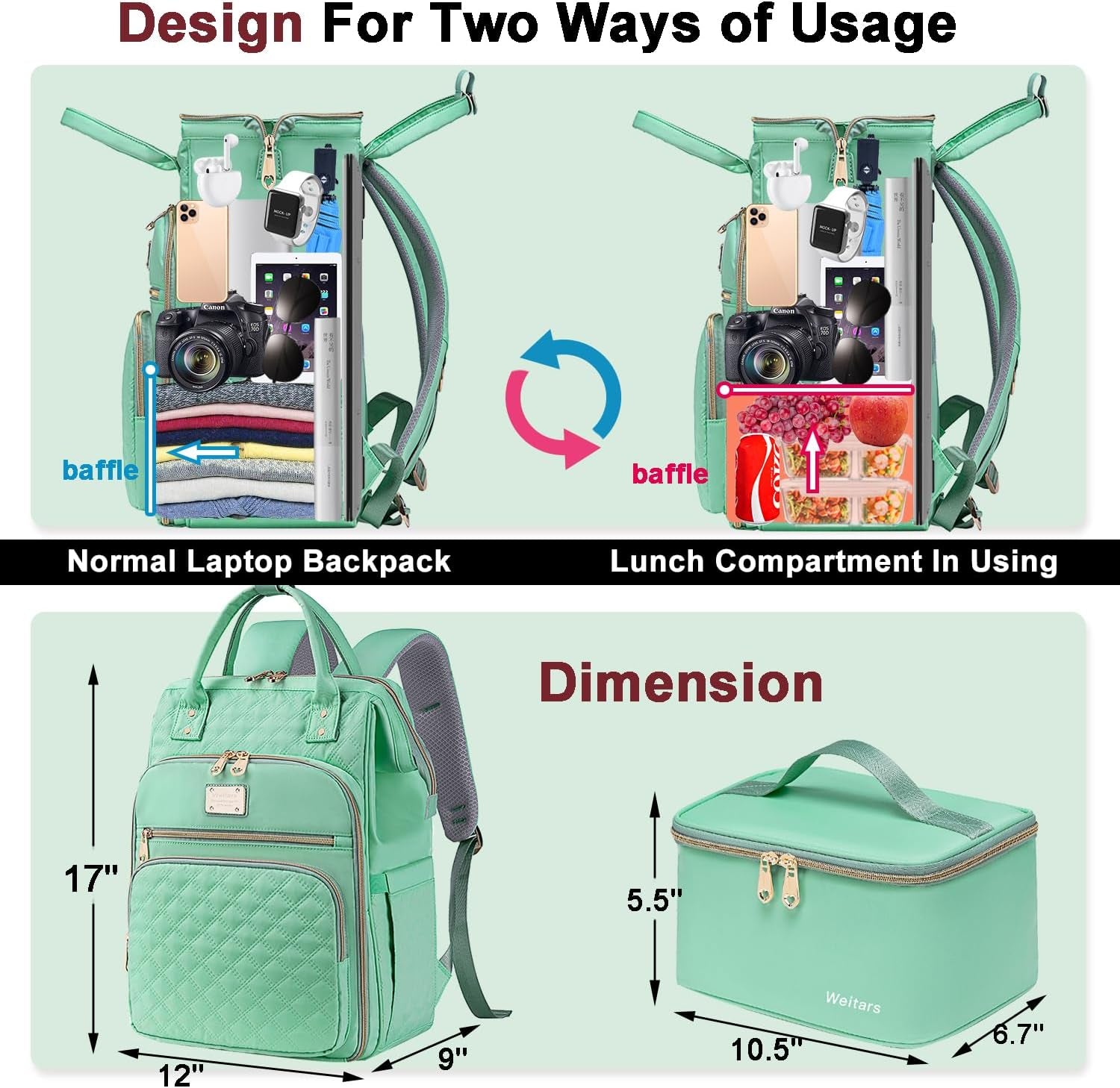 Lunch Backpack for Women,15.6 Inch Laptop Backpacks for Womens Back Pack, Travel Backpacks,Work Backpack for Women (Lightgreen)