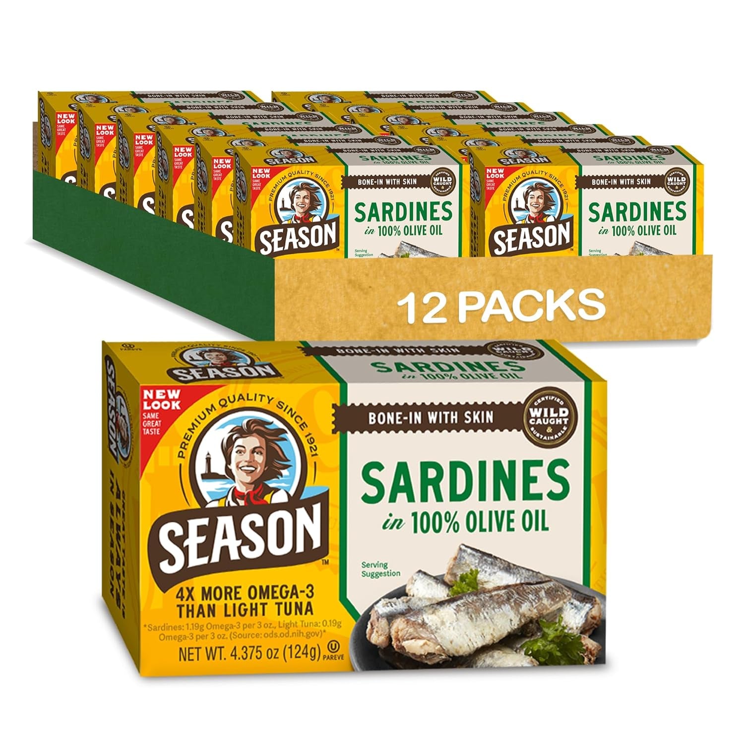 Sardines in Olive Oil - Wild Caught, 22G of Protein, Keto Snacks, More Omega 3'S than Tuna, Kosher, High in Calcium, Canned Sardines - 4.37 Oz Tins, 12-Pack