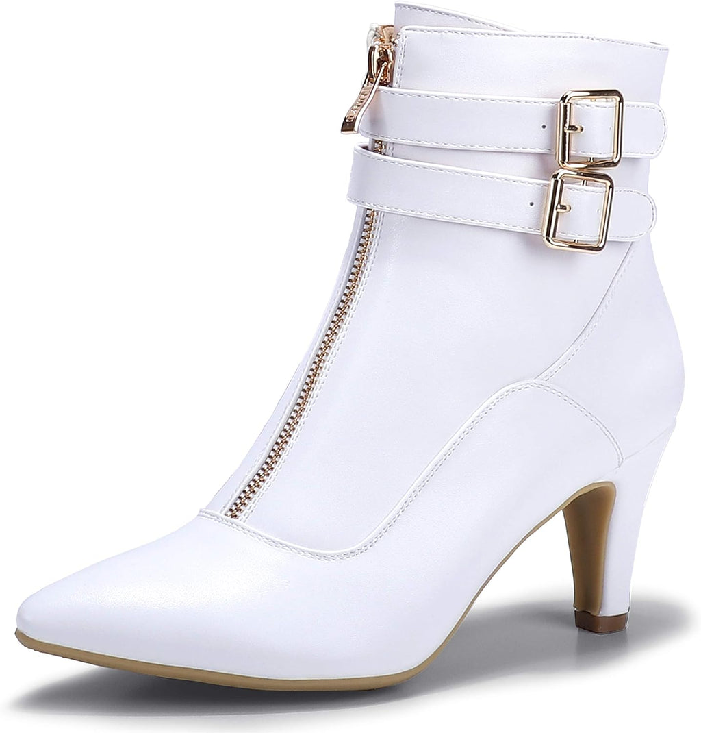 Women'S Pointed Toe Metal Buckle Two Strap Ankle Booties Side Zipper Kitten Heel Dress Classic Short Boots | Vintage 3 Buckle Straps Small Low Heeled Short Booties with Side Zipper Decrative Front Zip Dressy
