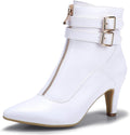 Women'S Pointed Toe Metal Buckle Two Strap Ankle Booties Side Zipper Kitten Heel Dress Classic Short Boots | Vintage 3 Buckle Straps Small Low Heeled Short Booties with Side Zipper Decrative Front Zip Dressy