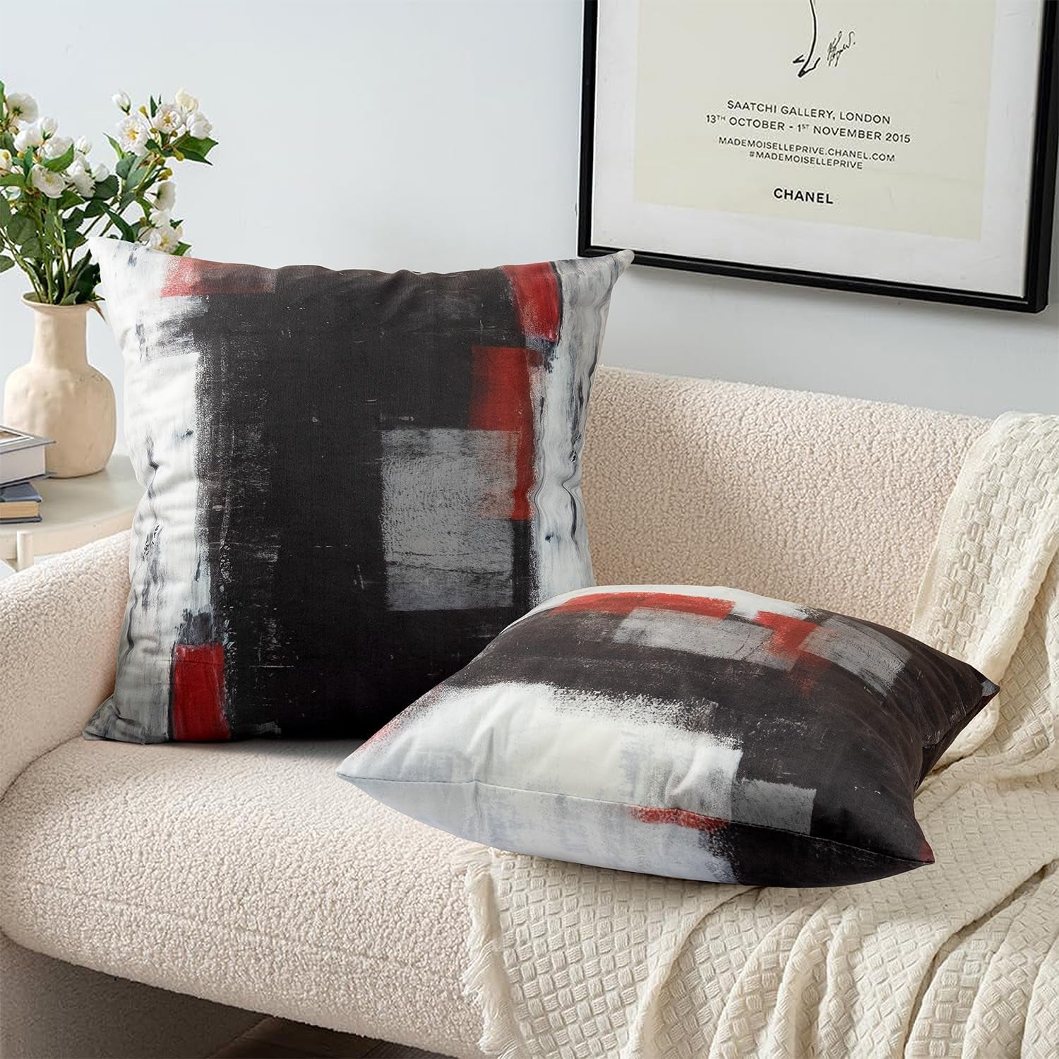 18X18 Throw Pillow Covers Set of 4 | Red and Black Abstract Art Painting Pillowcase, Soft Decor Cushion Cases for Sofa Bedroom Living Room Home Decor