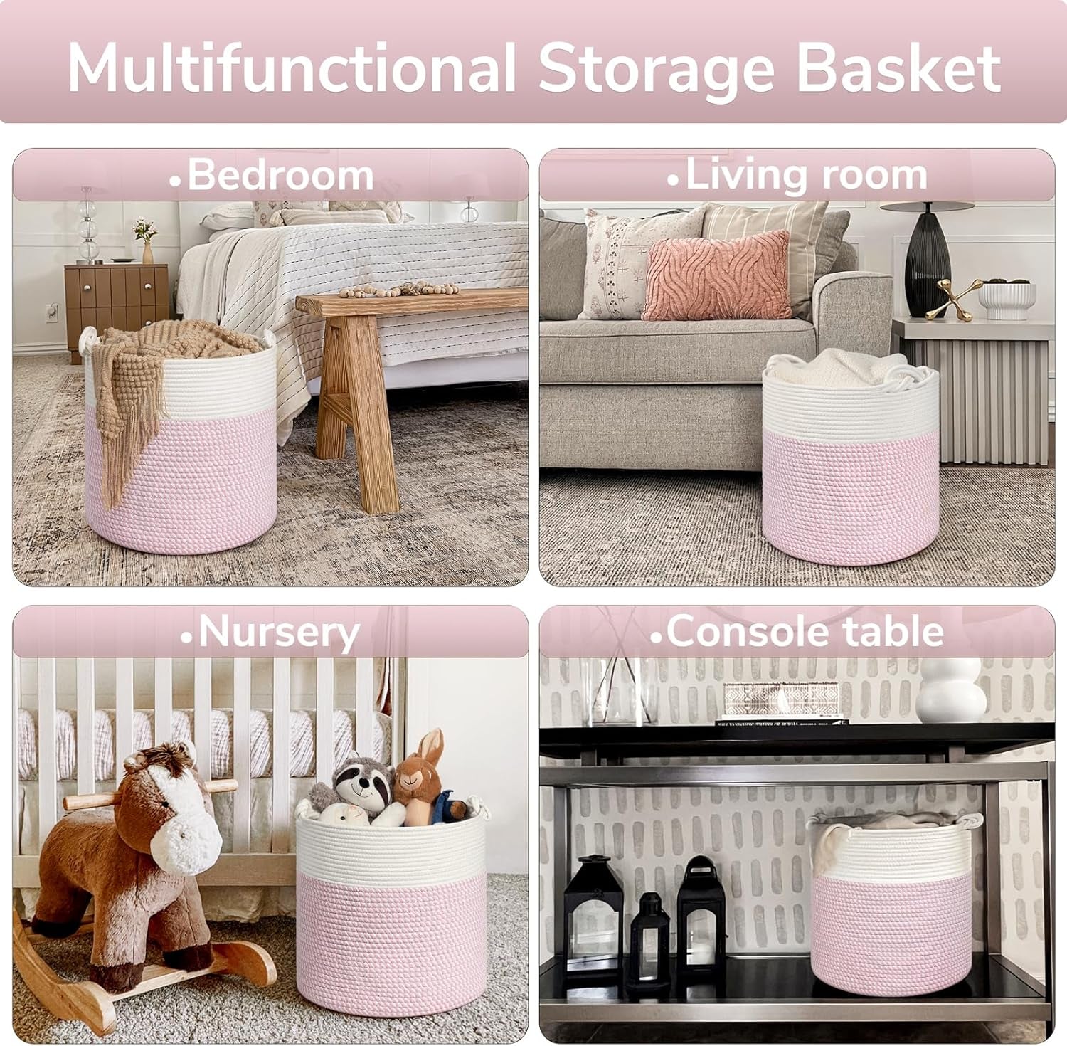 Woven Rope Blanket Basket Living Room, 40L, Pink | Small Laundry Basket for Organizing Baby Clothes, Blankets & Pillows, Great for Bedroom Nursery Home Décor, Pink