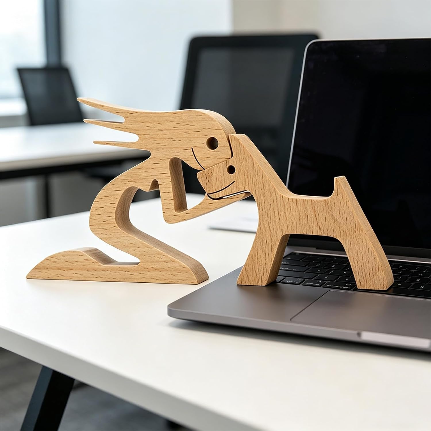 Wooden Sculpture Home Decor Women Men and Dog Statues, Friendship between Dog and Human Wood Crafts Statue Carving Ornaments for Bedroom Desktop Office Decoration (Girl and Dog)