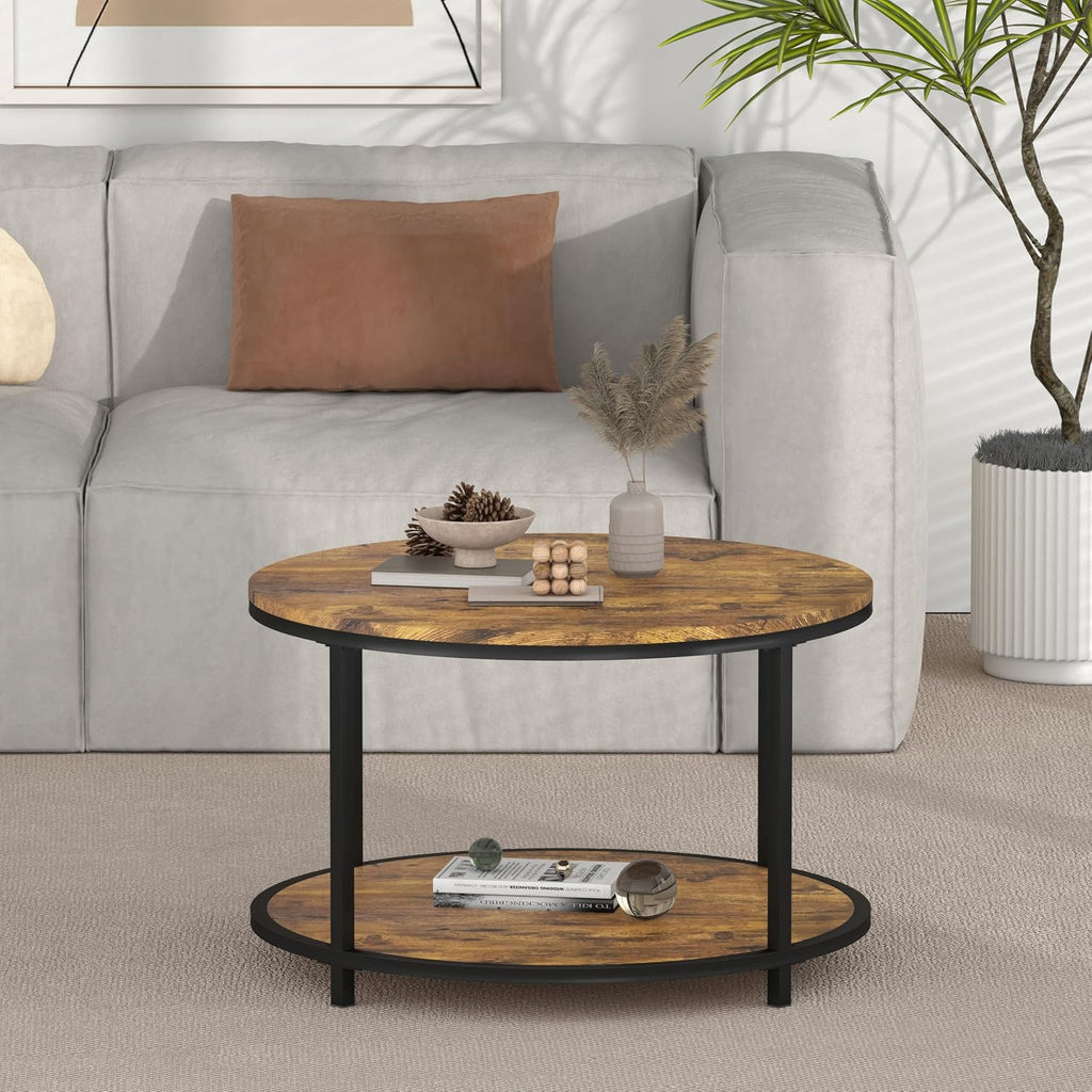 round Coffee Table, 25.6" Small Coffee Table for Living Room,2-Tier Rustic Wood Desktop with Storage Shelf Modern Design Home Furniture(Brown)
