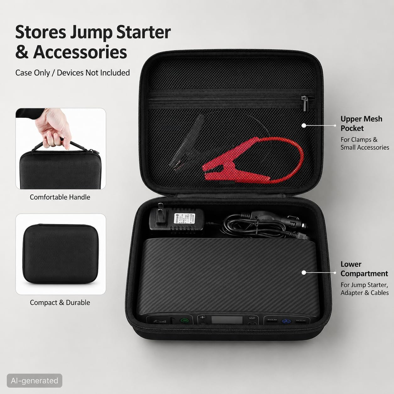 Jump Starter Case for Halo Bolt Air 58830 57720/Air+ 55500, Box Only | Hard EVA; Carry Handle; Mesh Pocket for Jumper Cables, Air Hose; Trunk Storage; for Drivers and Road Trips; Black