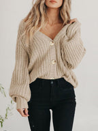 Women'S Chunky Knit Open Front Cardigan Sweaters Fall Outfits | V Neck Button Loose Short Cardigan Outerwear Coats, Slouchy Drop Shoulder Loose Cute Sweaters, Fall Clothes for Work & Office