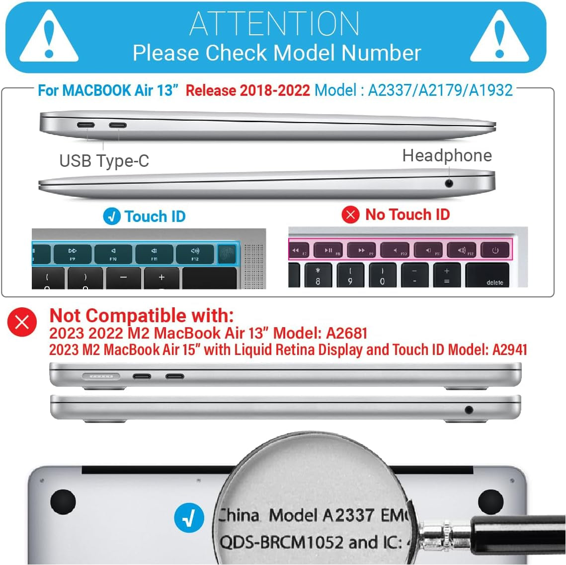 Compatible with 2022 2021 2020 Macbook Air 13 Inch Case M1 A2337 A2179 A1932, Hard Shell Case&Keyboard Cover&Screen Film for Mac Air 13 with Touch ID, Crystal Clear, AT13CYCL+2