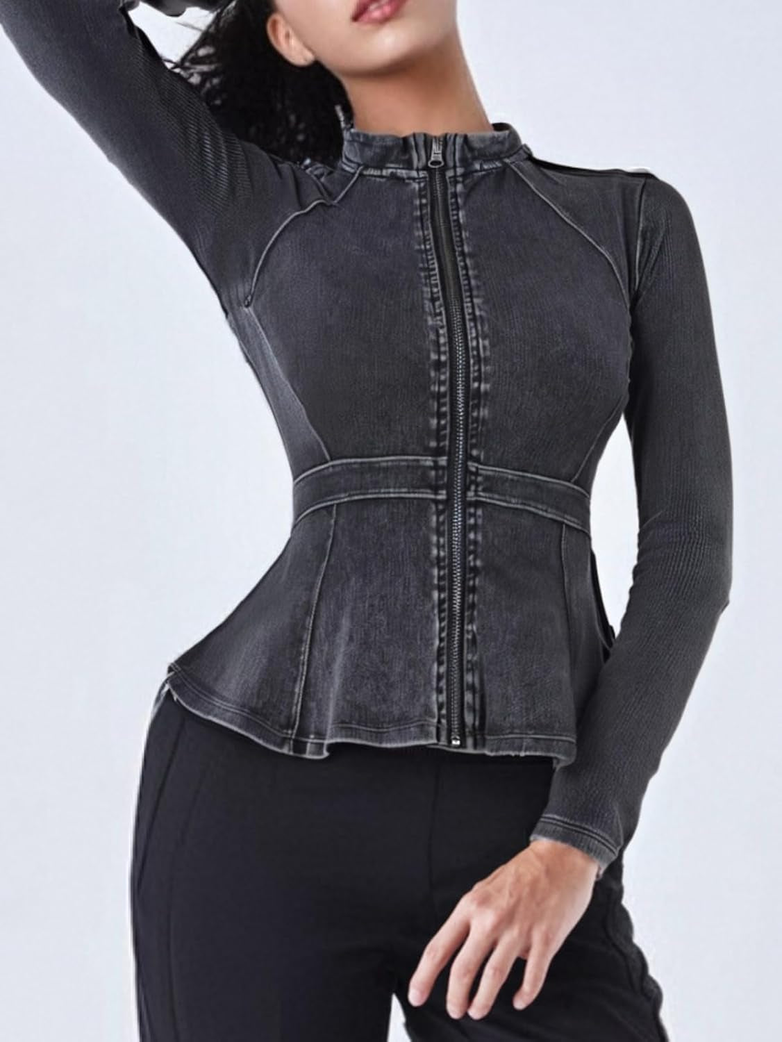Casual Denim Peplum Jacket for Women Long Sleeve Zip Front Athletic Workout Ruffle Blazer Coats
