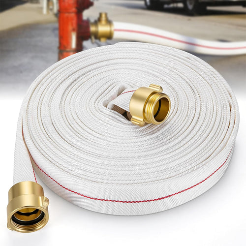1-1/2" ID Fire Hose, 50Ft Single Jacket TPU Lay Flat Hoses with Brass NST/NH Couplings, 250 PSI Working / 750 PSI Burst, All-Weather Firefighter Hose for Fire Cabinets