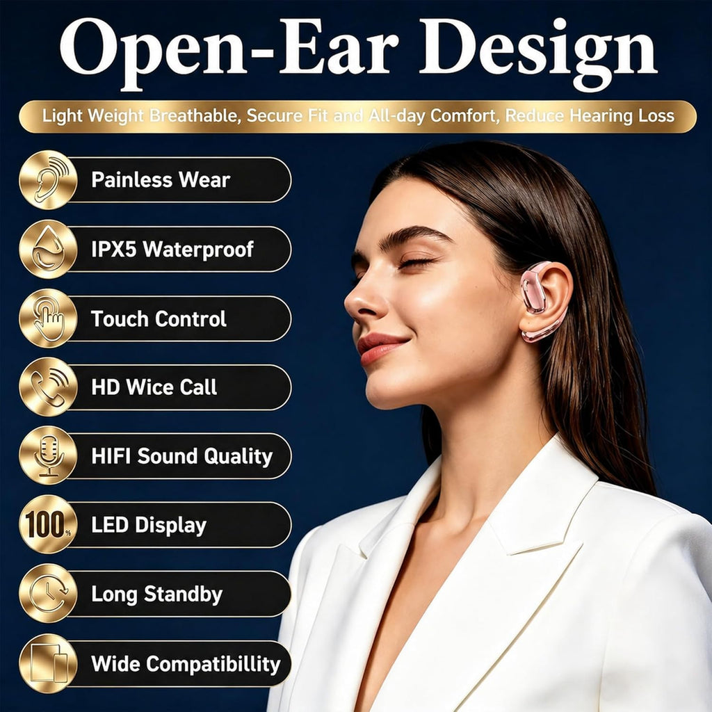 Open Ear Headphones, Wireless Headphones with Smart Digital Display & Mic, Open Ear Earbuds 35H Playtime, Sweat Resistant & Waterproof, Secure Comfortable Fit - Running, Sport, Daily (Rose Gold)