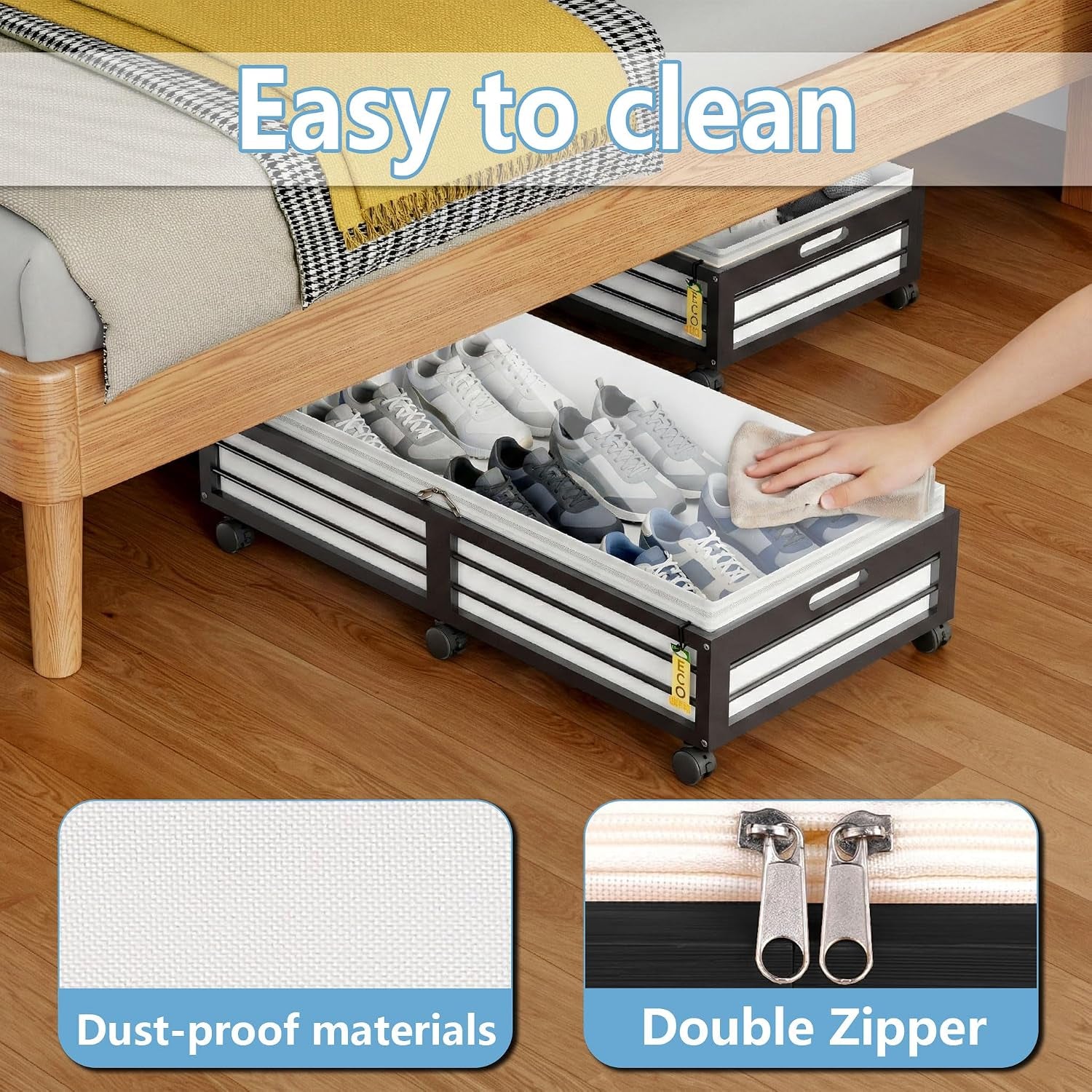 Under Bed Storage Containers with Wheels, Larger Bamboo Wood under Furniture Storage Containers with Dust Bags，Rolling for Shoes Clothes