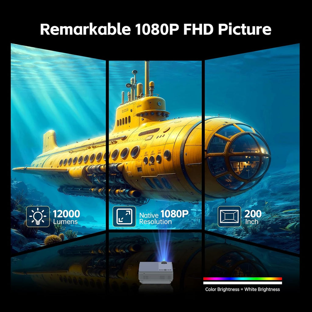 Mini Projector with Wifi and Bluetooth, 12000L Native 1080P HD Projector 4K Supported, Portable Phone Projector for Android and IOS, HDMI/USB/PC/TV Stick/Switch Supported (White-Gris)