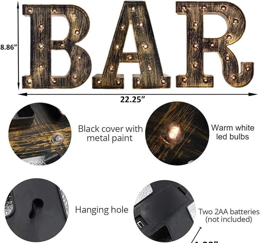 Light up BAR Sign, LED Vintage Letters Home Decor Name Signs - Illuminated Marquee Letter Sign Lights - Battery Operated - Lighted Accessories & Decorations
