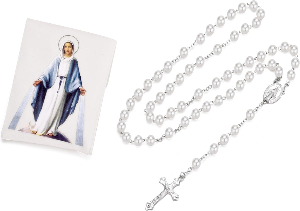 Rosary Beads Catholic for Women with Holy Mary Medal - Confirmation Gifts for Teenage Girl - Including Holy Mary Rosary Pouch and 18Pcs Saint Cards-White
