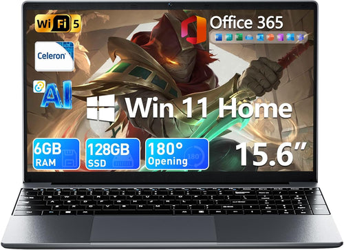 15.6'' AI Laptop with Office 365, 6GB RAM 128GB SSD | Win 11 Home Laptops Computer, IPS FHD, 180°Viewing, Quad-Core Processor, Type-C, Portable Thin Business Student Laptops