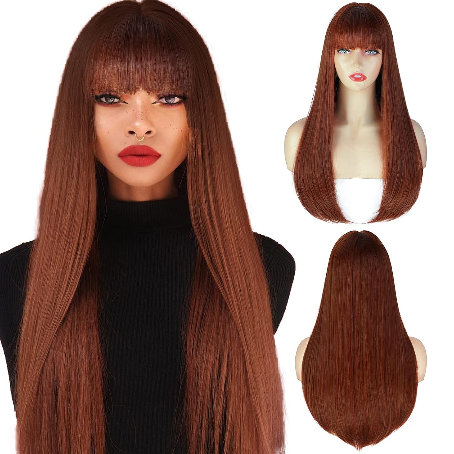 Auburn Wigs for Women Long Straight Wig with Bangs Reddish Brown Wig Colored Cosplay Wig Heat Resistant Synthetic Copper Red Wig for Daily Party Use 22 Inch