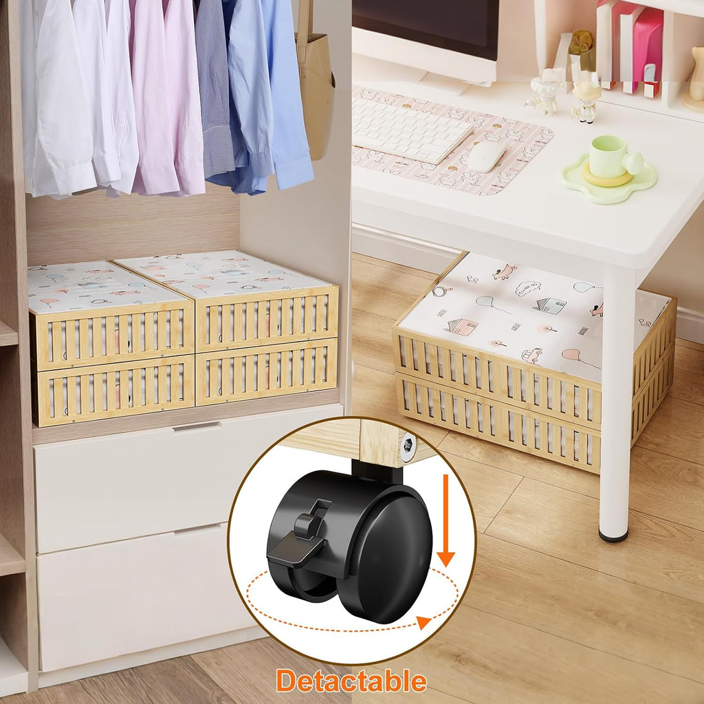 Bamboo under Bed Storage Containers with Wheels, 40L Underbed Drawers with Dust Bag, Breathable under Bed Shoe Storage, Rolling Underbed Clothes Storage, 2Pack