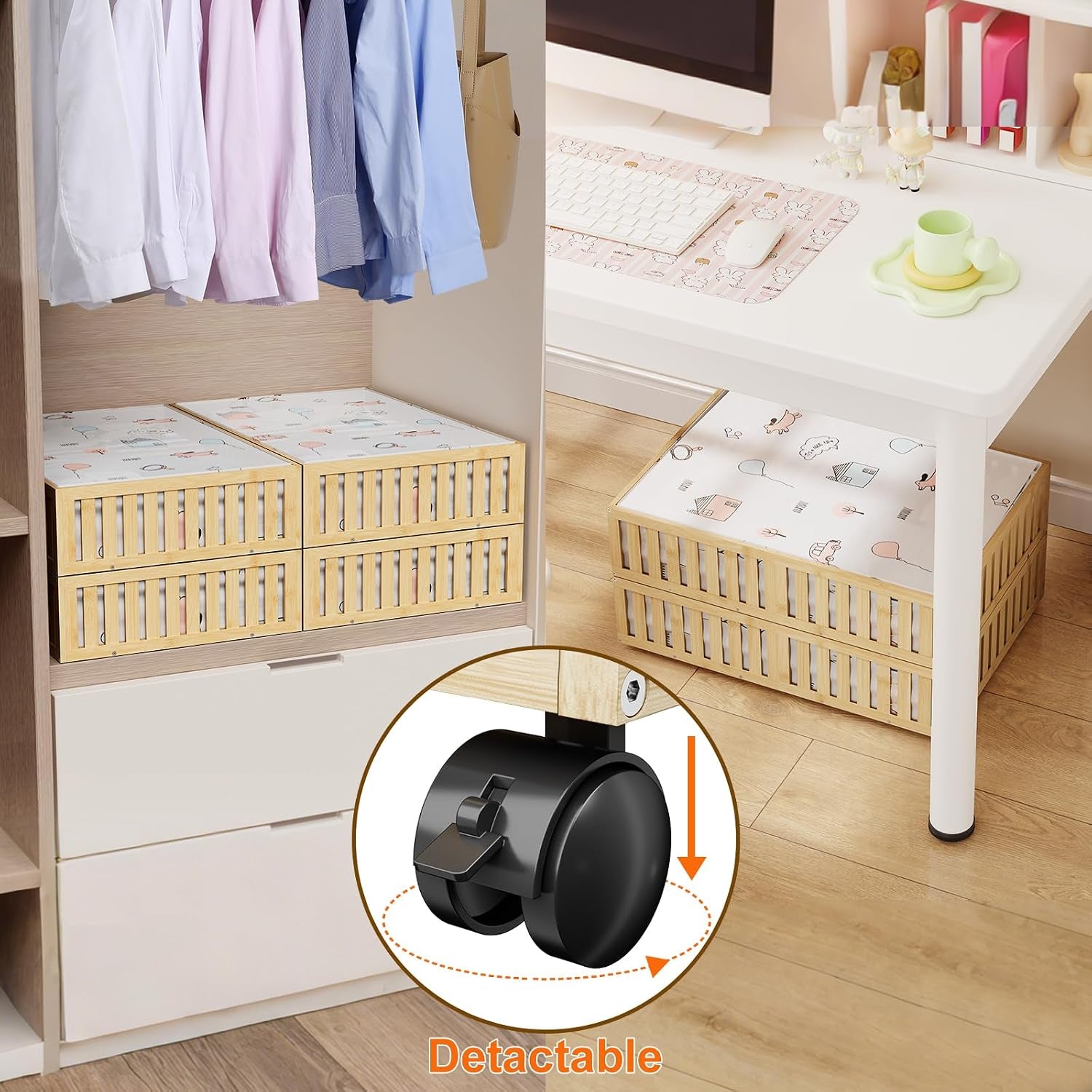 Bamboo under Bed Storage Containers with Wheels, 40L Underbed Drawers with Dust Bag, Breathable under Bed Shoe Storage, Rolling Underbed Clothes Storage, 2Pack