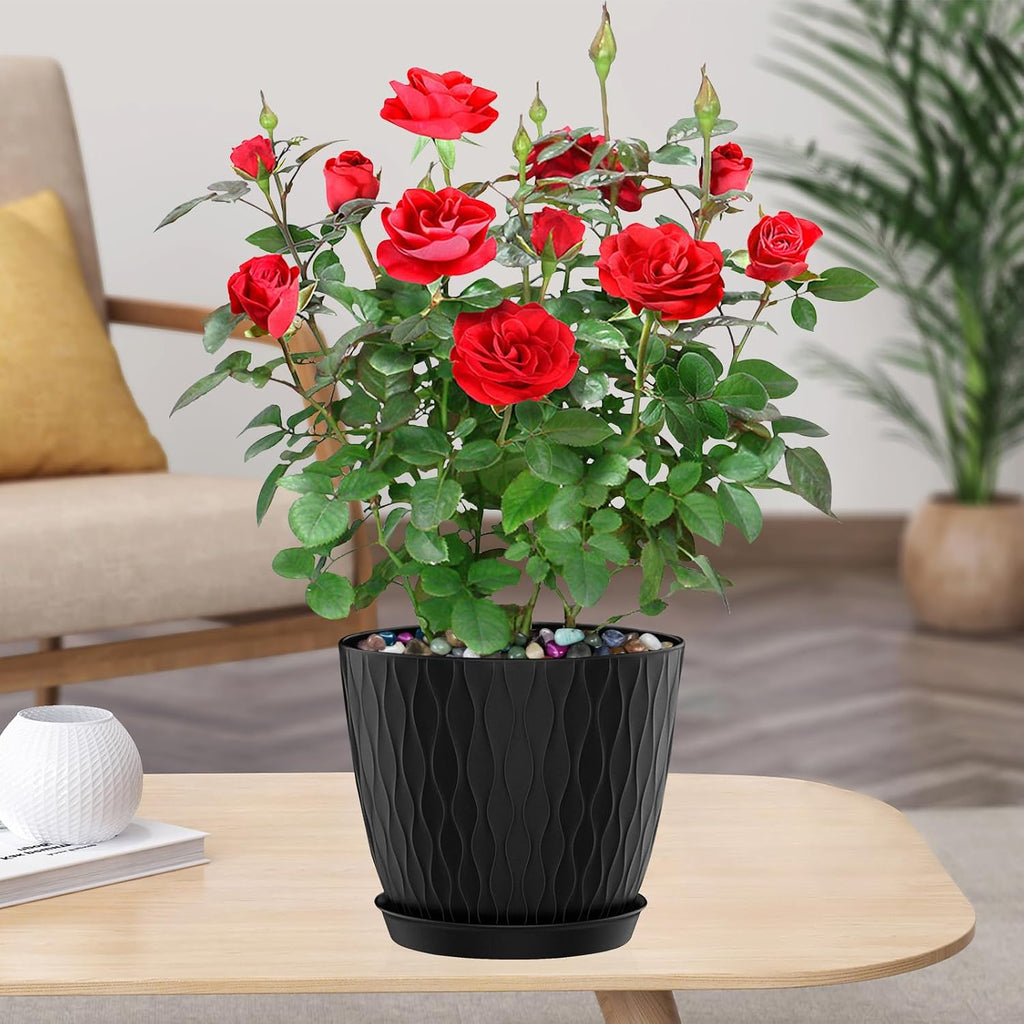 Flower Pots Outdoor Clearance 6 Inch Set of 5 Succulent Planters for Indoor Plants Garden Home Holiday, Plastic Nursery Pots for Plants with Drainage Holes and Saucer, Modern Plant Pot Black