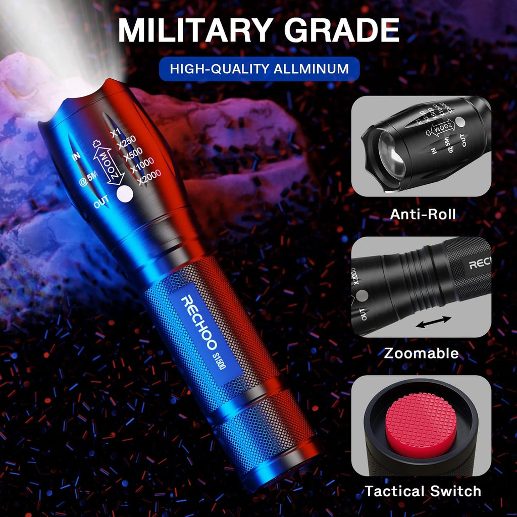 Tactical Flashlight 2Pk，Super Bight Zoomable 5 Modes Flashlight | AAA Battery Power 1500Lm Waterproof Portable Pocket LED Flashlights for Power Outage, Emergency, Camping Essential