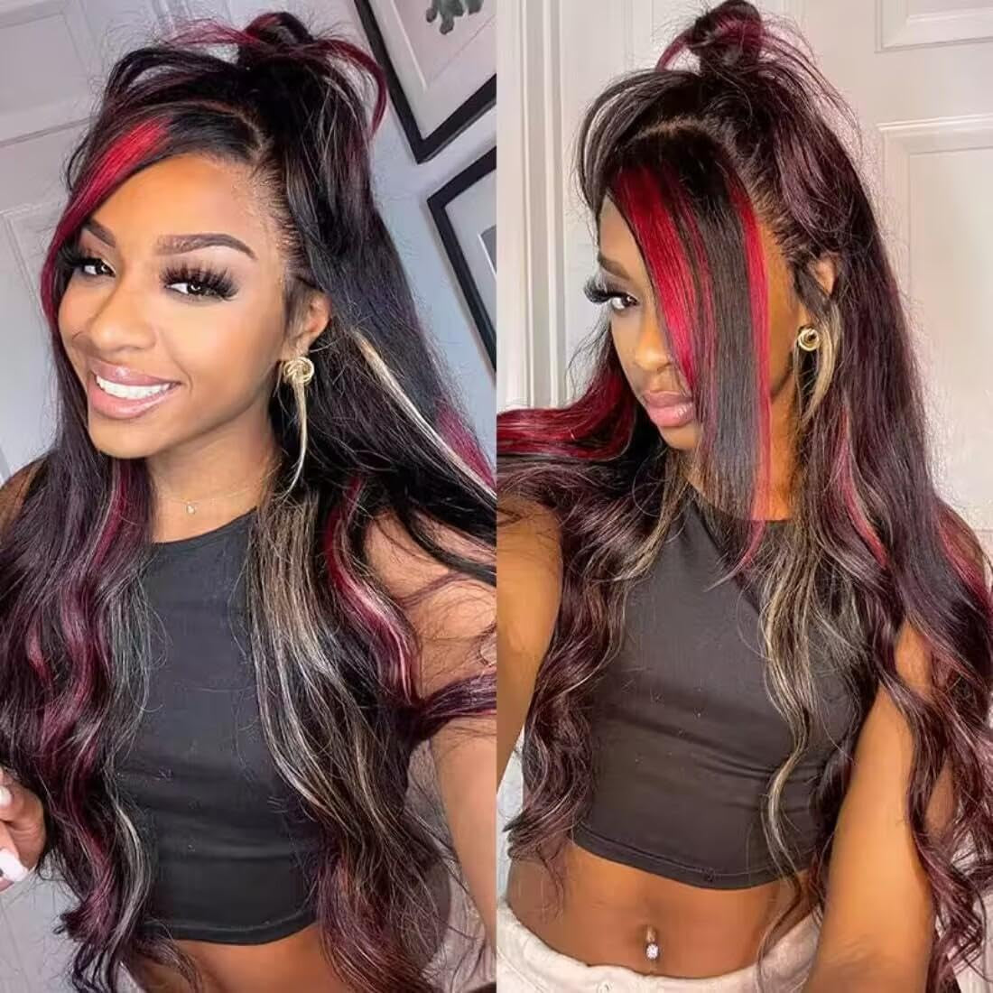 Black Red Blonde Highlight Wig Human Hair 13X4 Lace Front Wigs Human Hair Pre Plucked 180% Density Body Wave HD Lace Frontal Wig Blonde Red Highlight Glueless Colored Human Hair Wig for Women 26 Inch