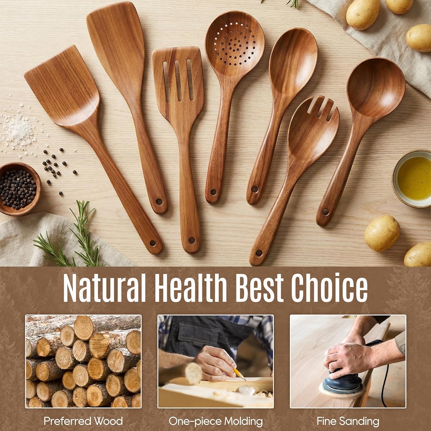 Wooden Cooking Utensils Set with Holder, 8 Pcs Teak Wood Kitchen Utensils for Nonstick Cookware, Wooden Spoons and Spatulas for Cooking, Farmhouse Kitchen Accessories