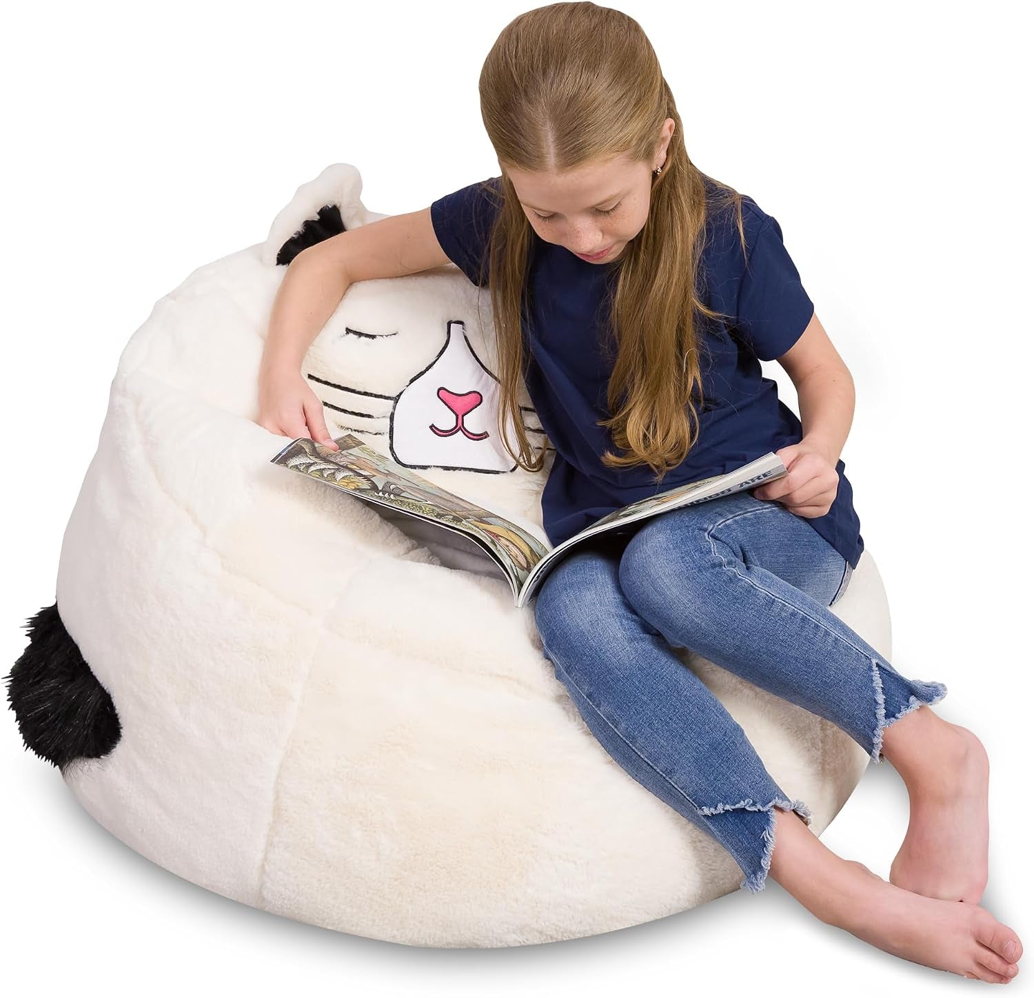 Cute Soft and Comfy Bean Bag Chair for Kids, Large, Animal - Ivory Cat