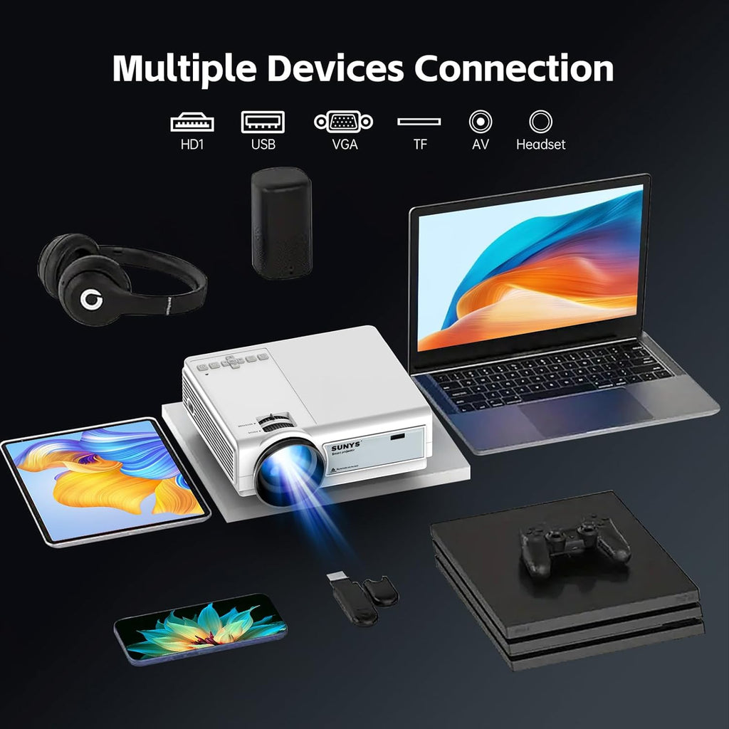 Mini Projector with Wifi and Bluetooth, 12000L Native 1080P HD Projector 4K Supported, Portable Phone Projector for Android and IOS, HDMI/USB/PC/TV Stick/Switch Supported (White-Gris)