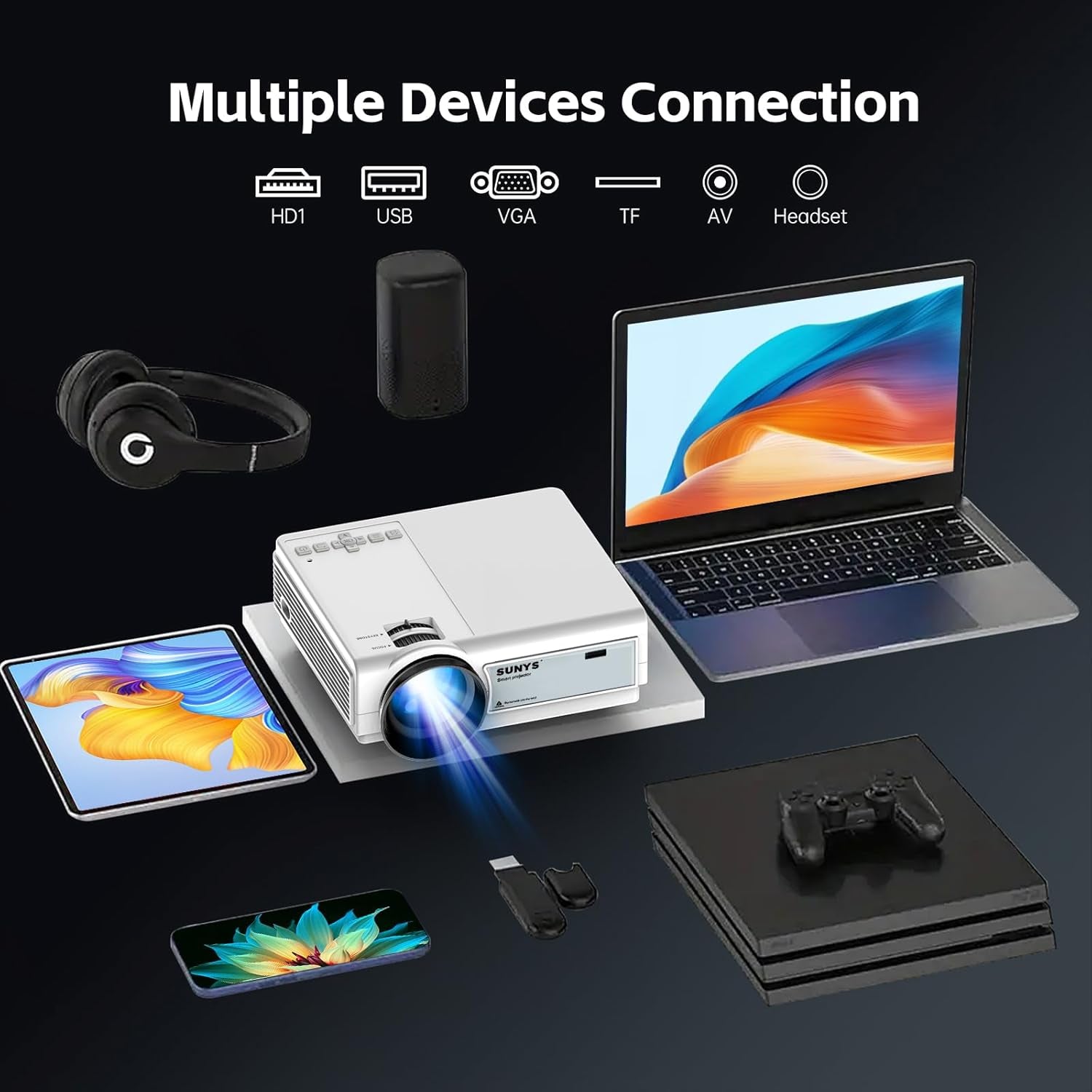 Mini Projector with Wifi and Bluetooth, 12000L Native 1080P HD Projector 4K Supported, Portable Phone Projector for Android and IOS, HDMI/USB/PC/TV Stick/Switch Supported (White-Gris)