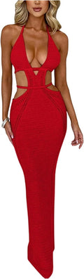Women Sexy Crochet Maxi Dress Cut Out Halter V Neck Backless Knit Bodycon Long Dress Summer Beach Evening Party Dresses